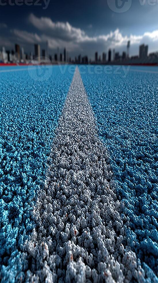 Racing track with a vibrant blue surface against a city skyline under a dramatic sky photo
