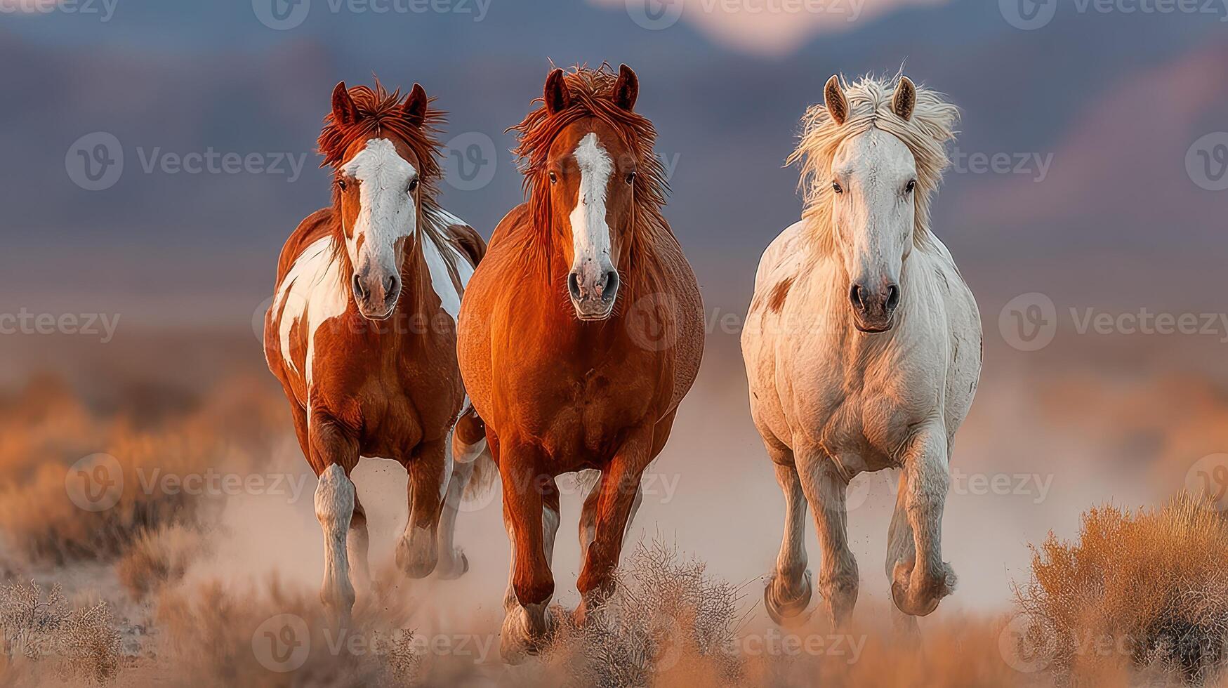 Majestic horses galloping across a dusty landscape during sunset in the wild photo