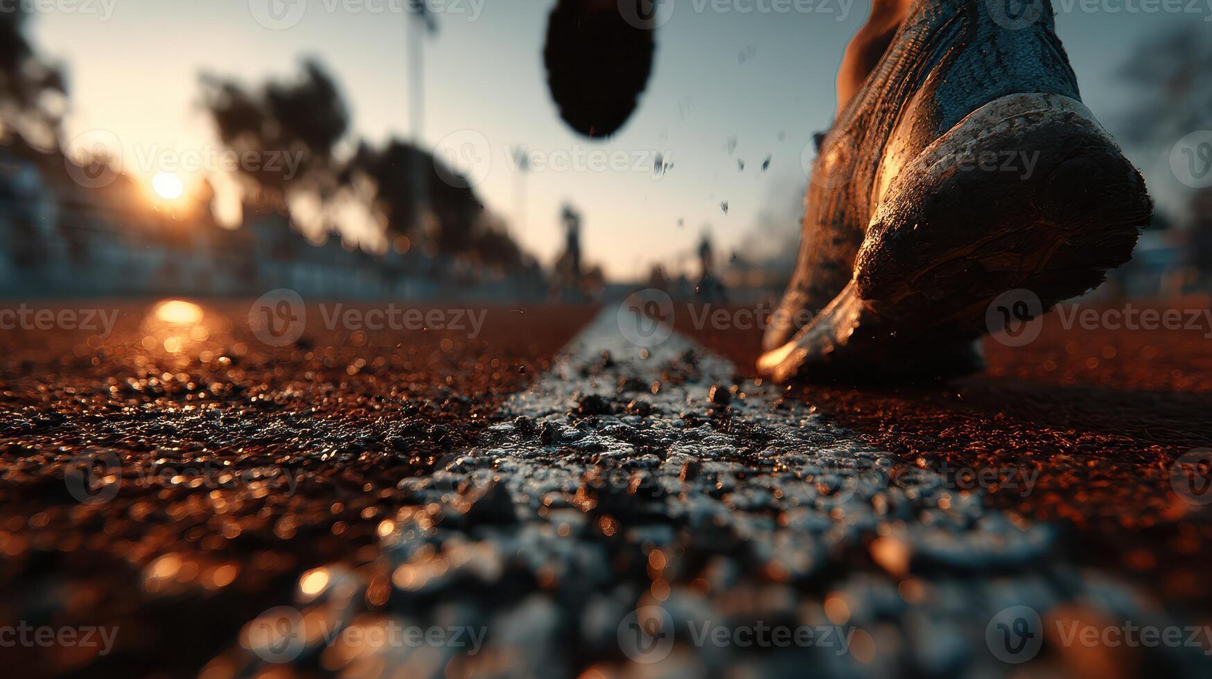 Running on an outdoor track during sunset with radiant orange and blue hues creating a dynamic atmosphere photo