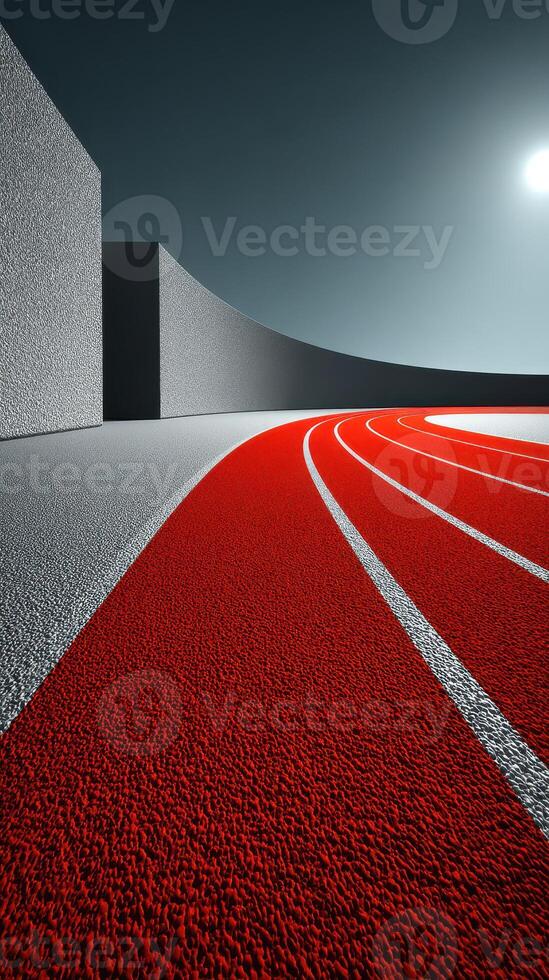 Red athletic track with geometric architecture under a clear blue sky at midday showcases vibrant colors and modern design photo