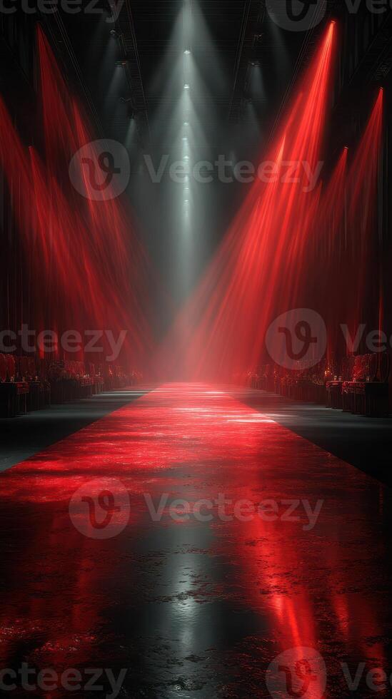 Dramatic red lighting creates an intense atmosphere in an expansive indoor venue during an evening event photo