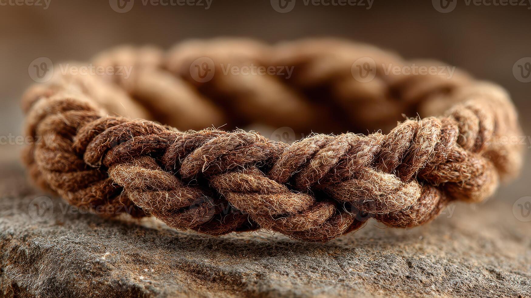 Brown braided bracelet made from natural fibers resting on a rough stone surface in soft lighting photo