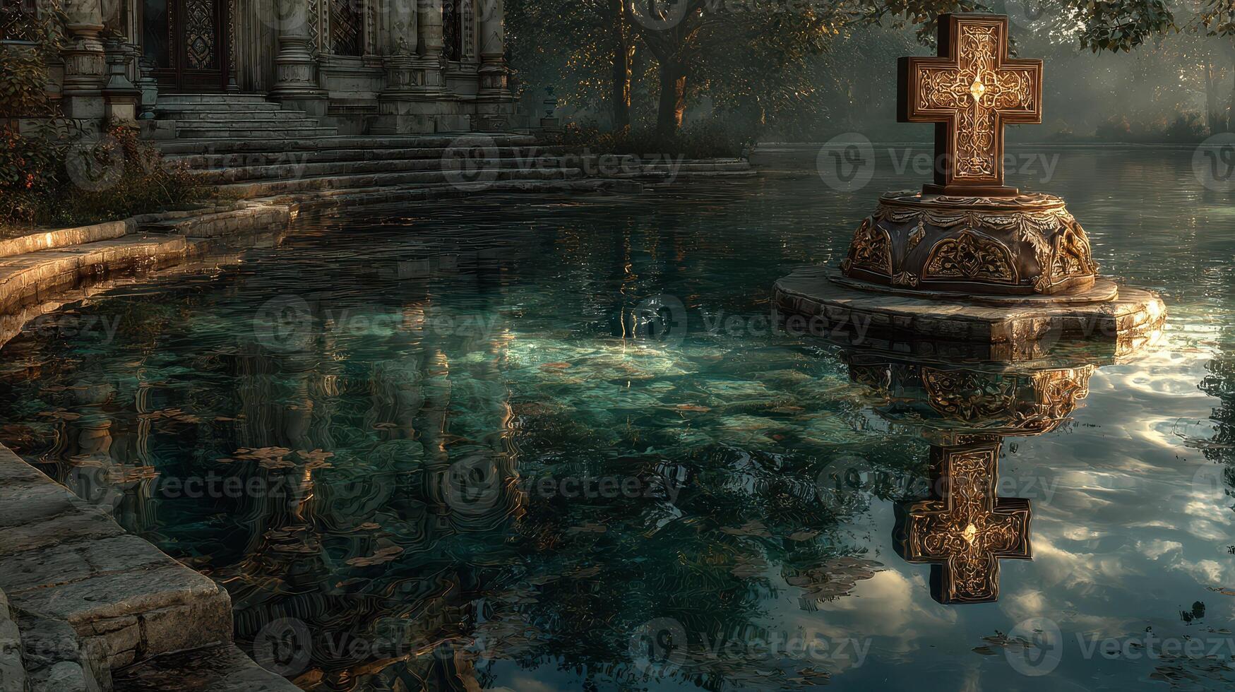 Mysterious waterfront at an ancient temple with a decorative cross in early morning light photo