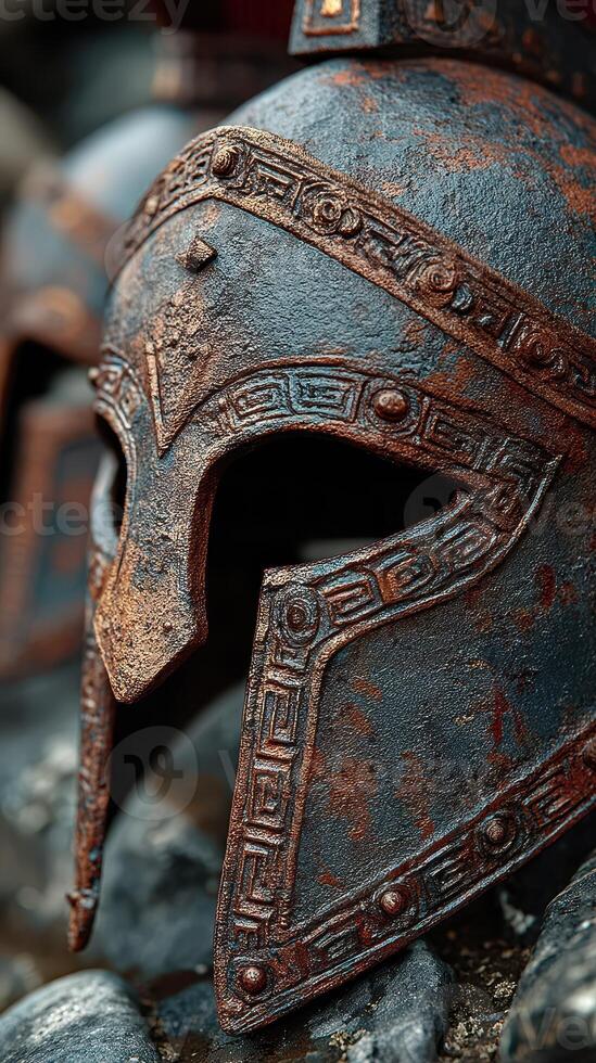 Ancient warrior helmets displayed in a historical exhibit showcasing battle armor and craftsmanship photo