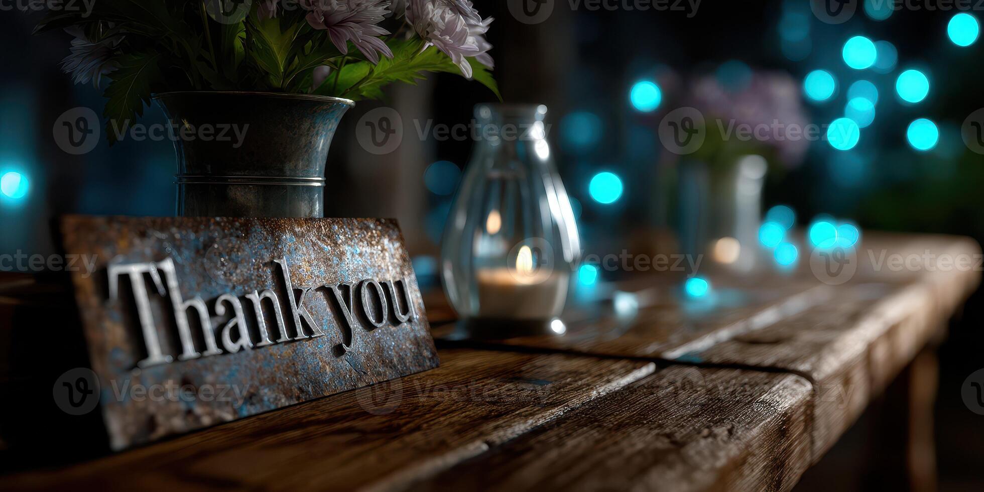 Elegant rustic table setting with decorative candle and thank you sign illuminated by soft blue lights in a cozy evening atmosphere photo