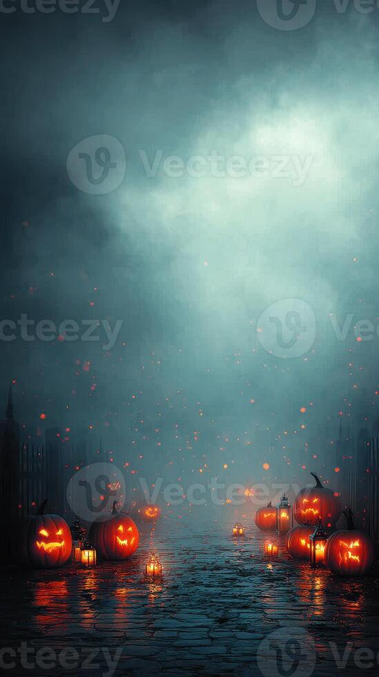 Pumpkin lanterns illuminate a misty path during Halloween night celebration with haunting atmosphere photo