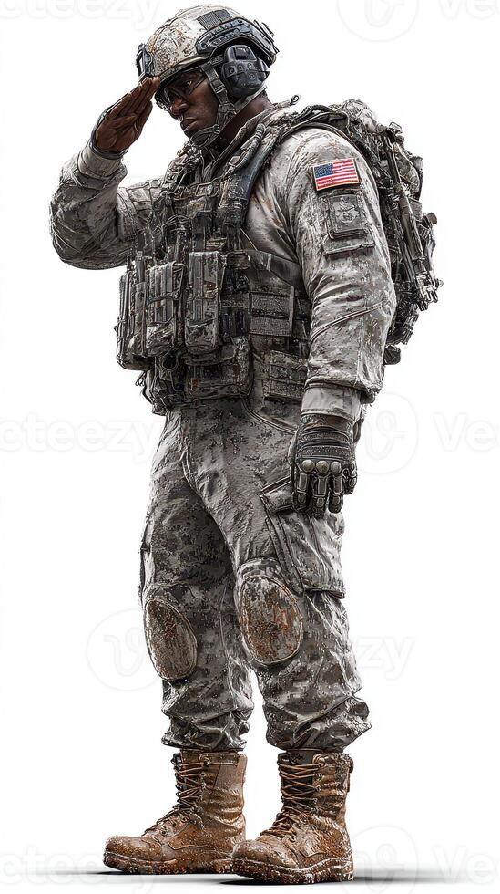 Soldier in tactical gear saluting at military base during daylight hours with a serious expression and detailed uniform photo