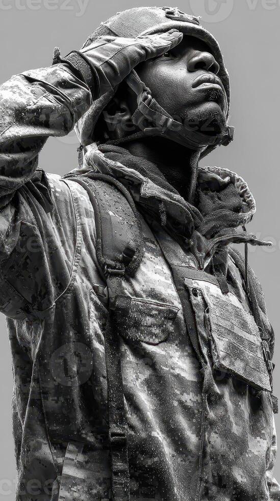 Soldier saluting in the rain during a military ceremony in an outdoor setting photo