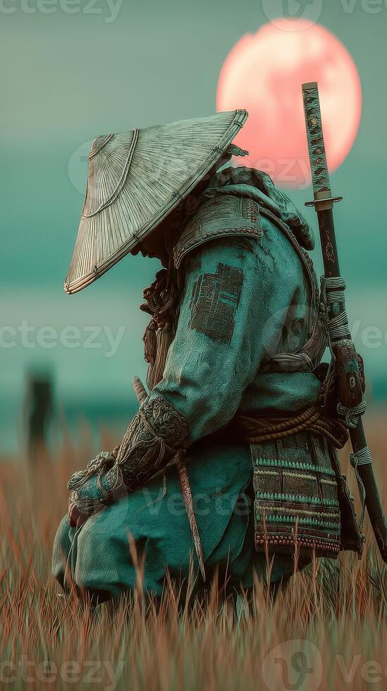 Warrior in contemplative pose under a large moonrise in a tranquil field at dusk photo