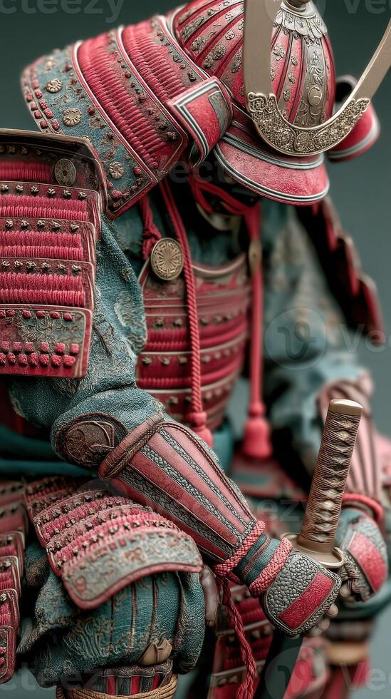 Intricate samurai armor displayed with focus on craftsmanship and historical significance in a dedicated showcase photo