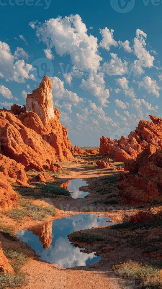 Beautiful red rock formations reflecting in calm water under a vibrant sky with clouds photo