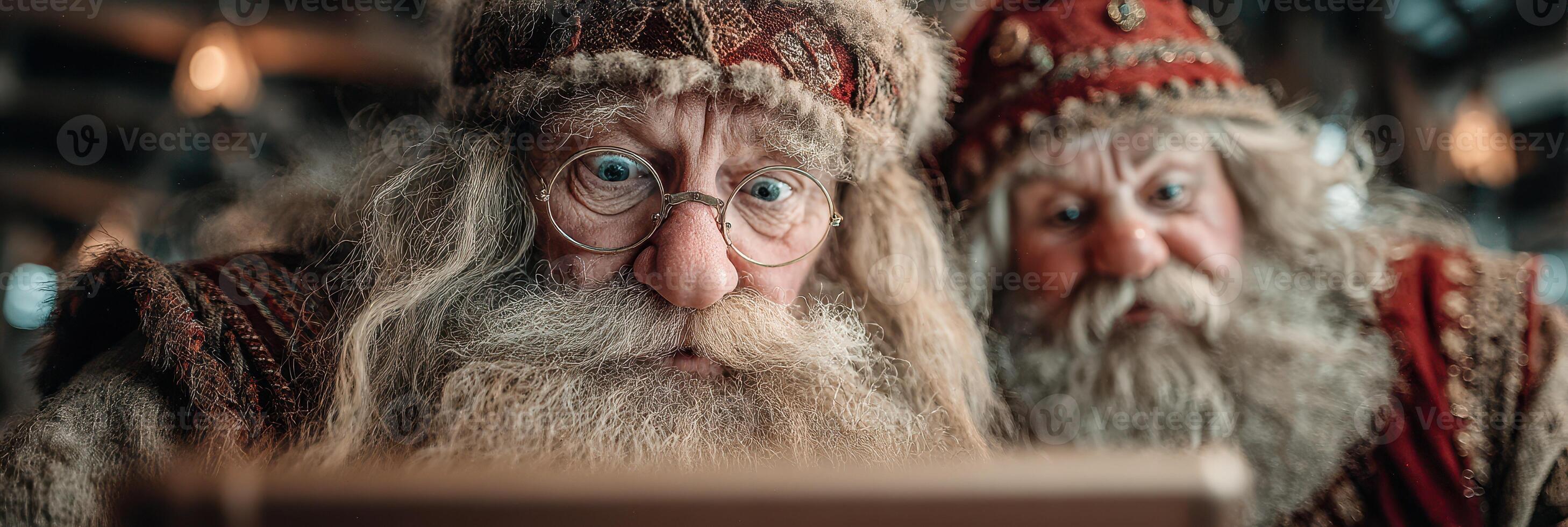 Two Santa Clauses observe a glowing tablet in a cozy, festive cabin during the holiday season photo