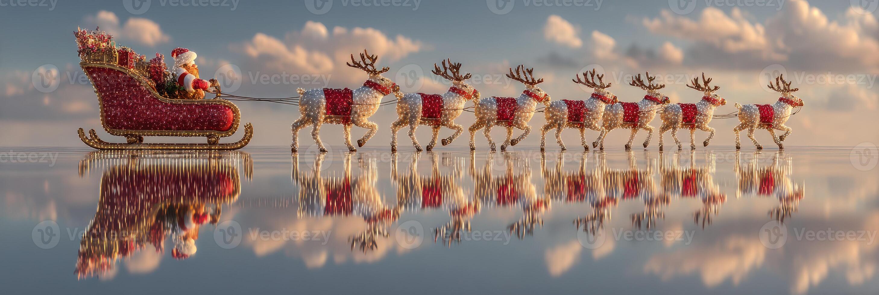 Christmas celebration features Santa Claus in a decorated sleigh harnessed to reindeer flying over a serene landscape at twilight photo