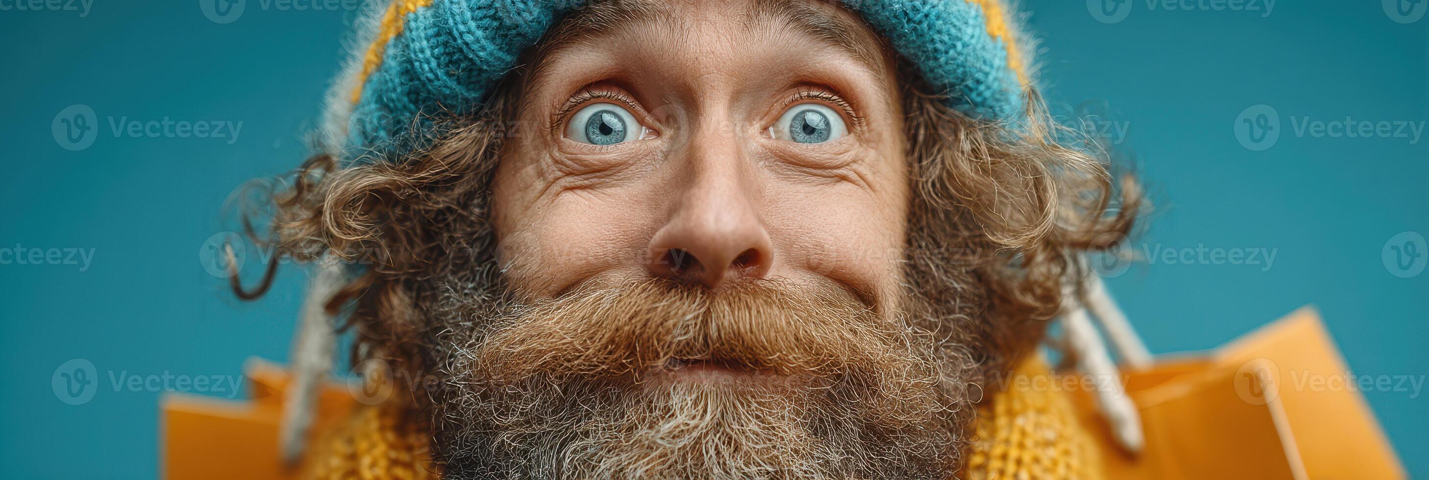 Unique portrait of a cheerful man in a colorful knitted hat against a vibrant backdrop photo