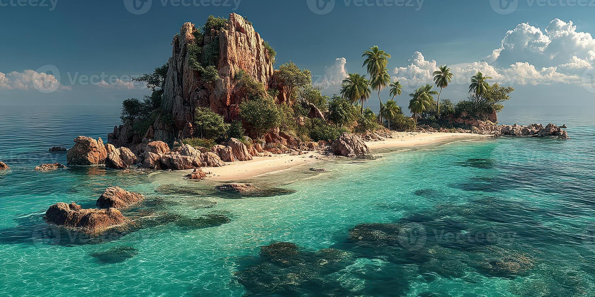 Tropical island with crystal clear waters and lush palm trees under a bright sky on a sunny day photo