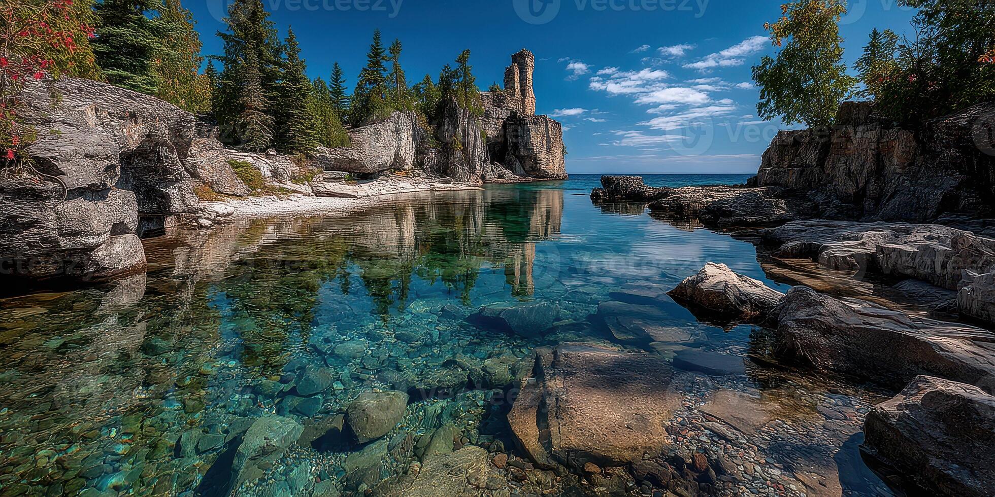 Capture of a tranquil lake scene at Bruce Peninsula showcasing clear waters and towering rock formations in the summer sunlight photo