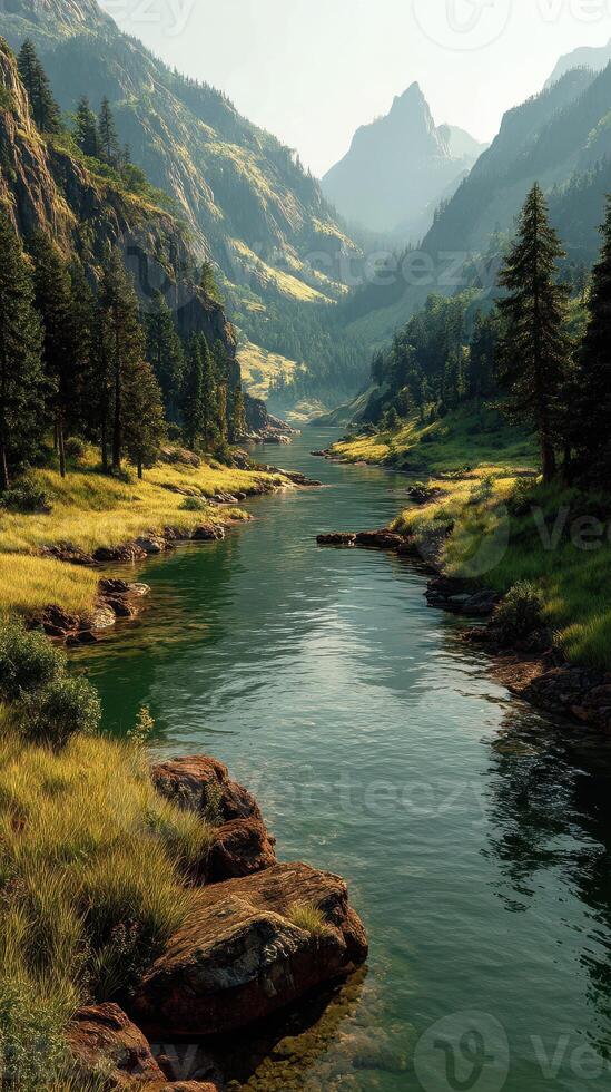 Majestic mountain valley with a serene river flowing through lush greenery at sunrise photo