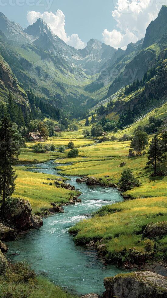 Majestic mountain valley with a flowing river and lush greenery on a sunny day photo