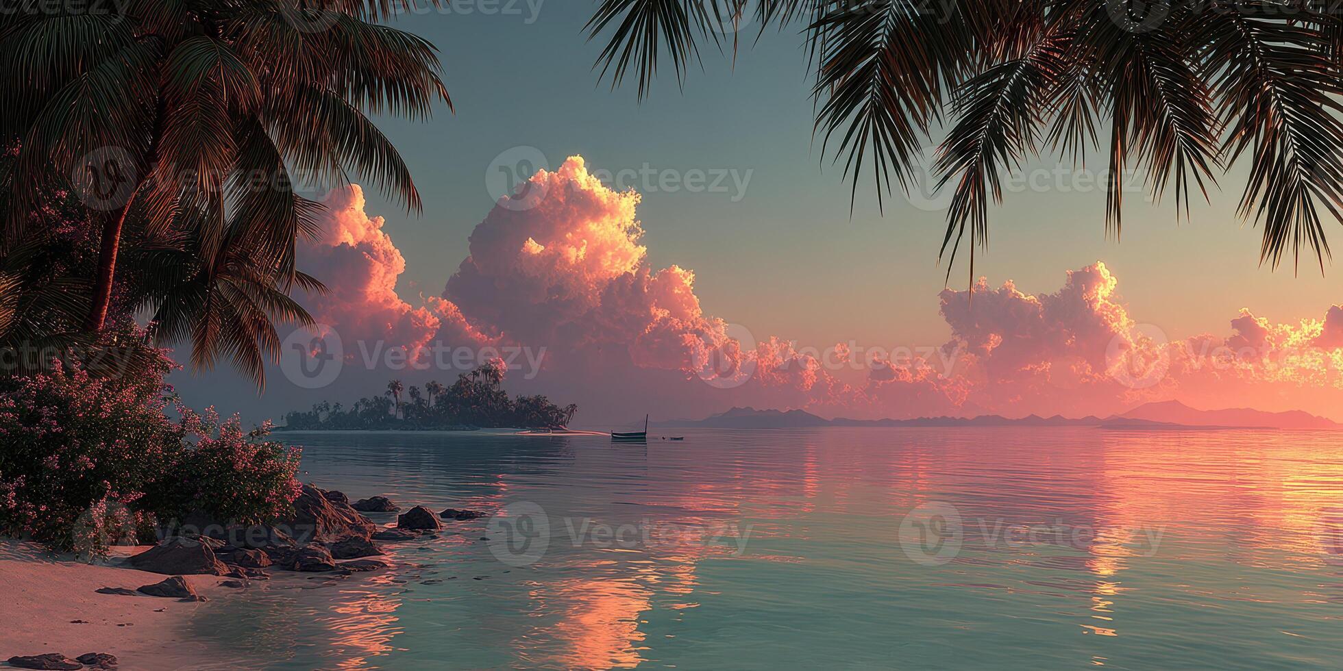 Sunrise over calm waters with tropical palms and distant island silhouette photo