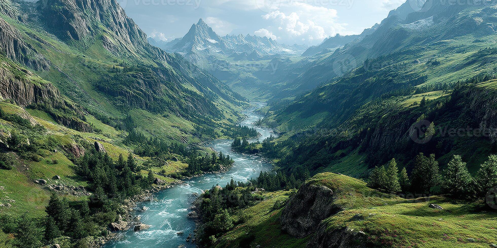 Majestic mountain valley with a winding river under a bright sky captured in the afternoon light photo