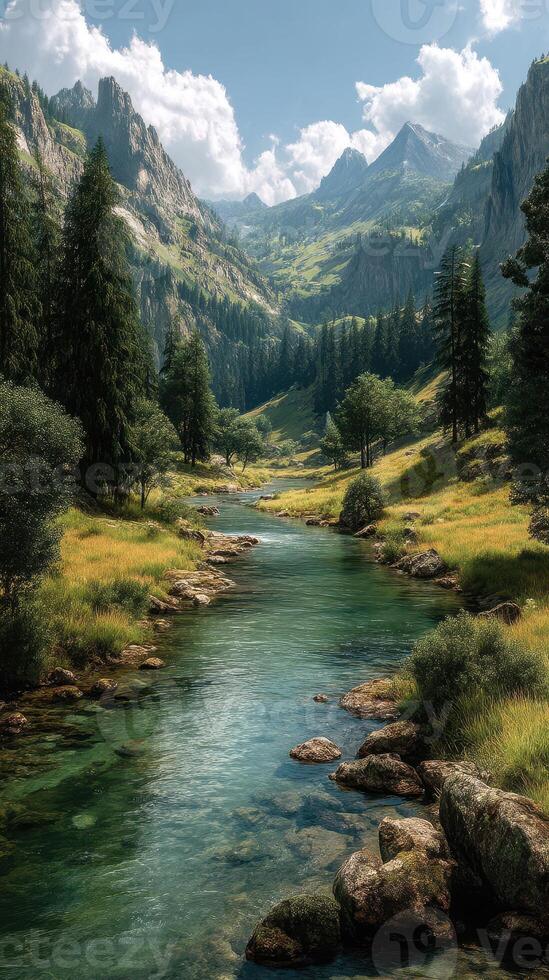 Scenic river winding through lush green valley surrounded by majestic mountains on a sunny day photo