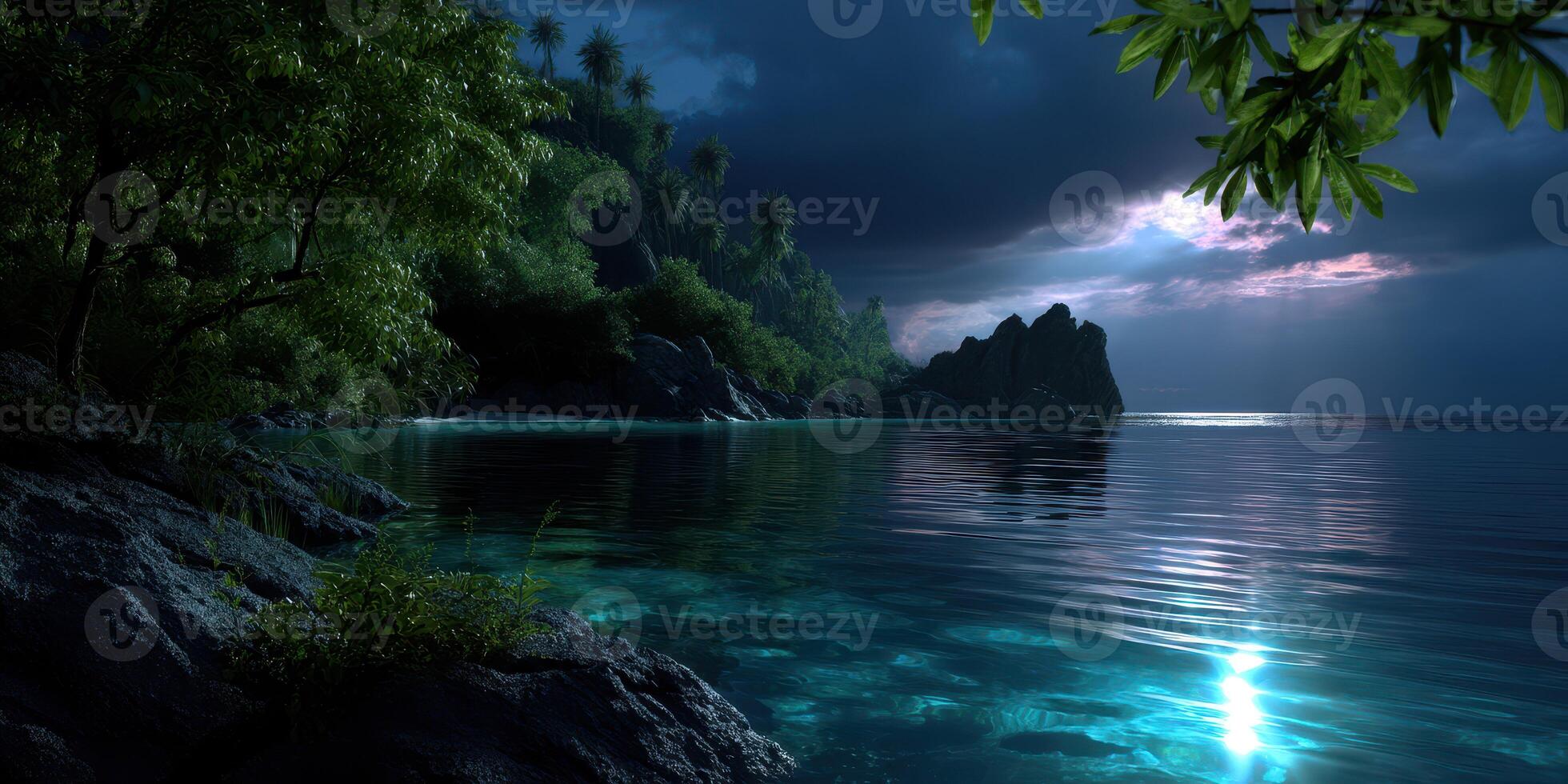 Serene moonlit coastal landscape with gentle waves and silhouetted palm trees at night photo