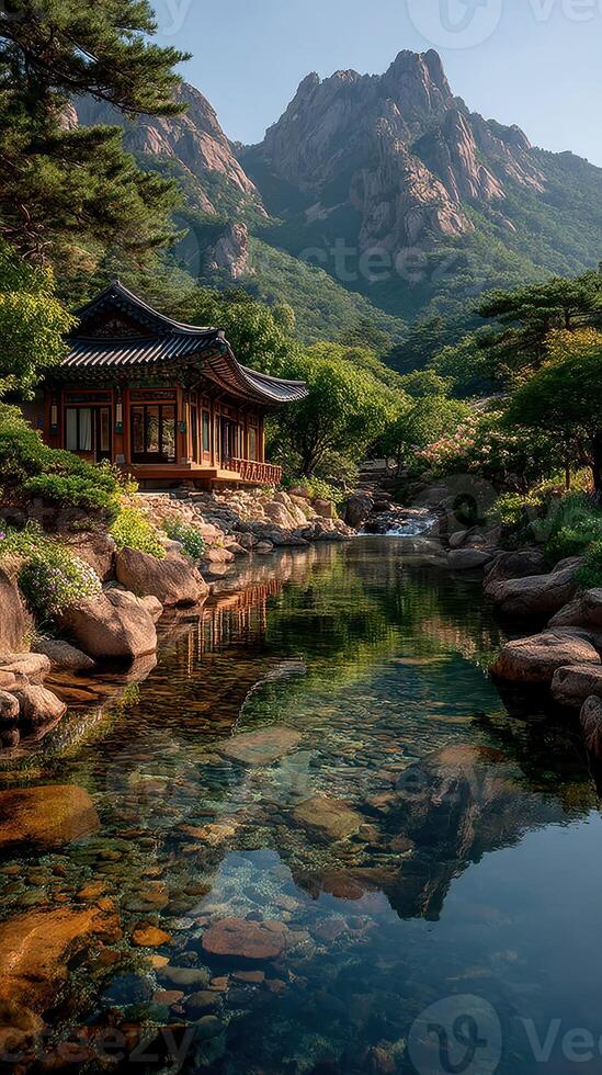 Charming temple by serene waterway surrounded by mountains in the early morning light photo