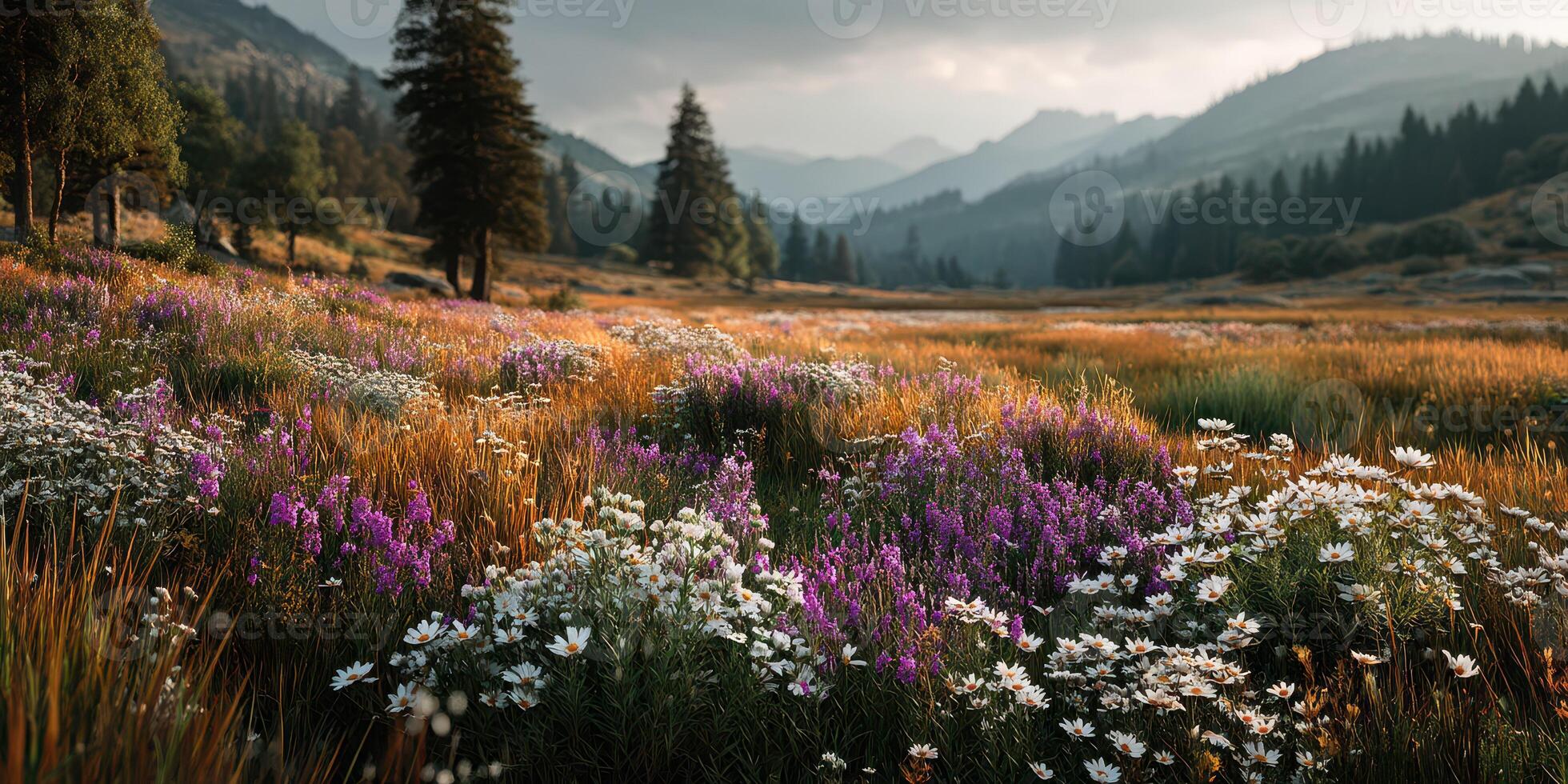 Vibrant wildflower meadow under a cloudy sky in the mountains during late afternoon photo