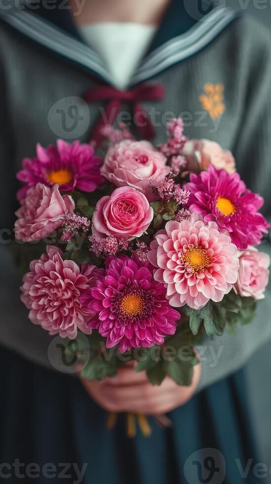 Colorful bouquet of flowers held by a person wearing a school uniform in soft lighting photo