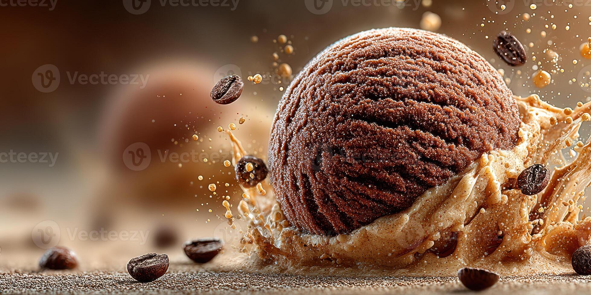 Delicious chocolate ice cream ball splashing with coffee beans in a rich, creamy dessert setting photo