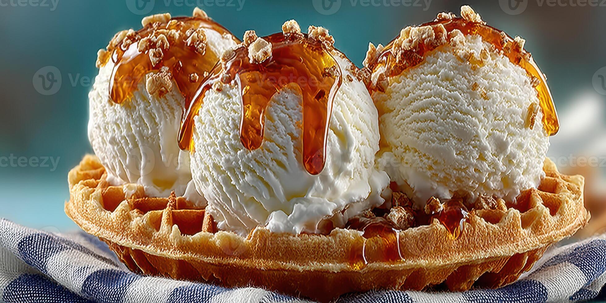 Delicious ice cream served in a waffle bowl with caramel drizzle and nuts at a summer gathering photo