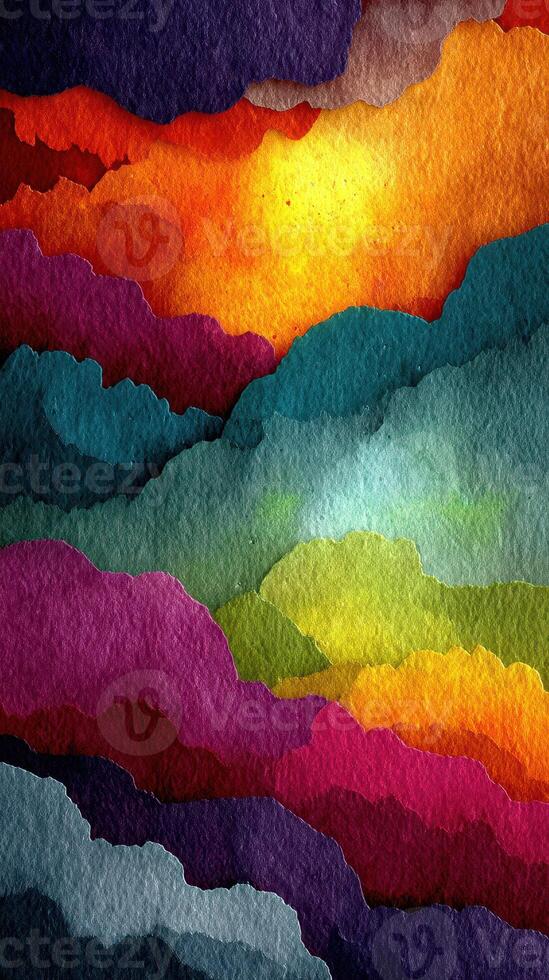 Vibrant abstract landscape with colorful layers of clouds and sunset hues reflecting a serene evening atmosphere photo