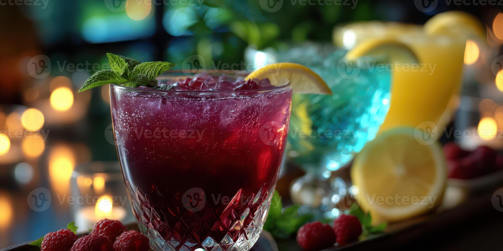 Colorful cocktails garnished with mint and lemon served at a lively bar during a warm evening photo