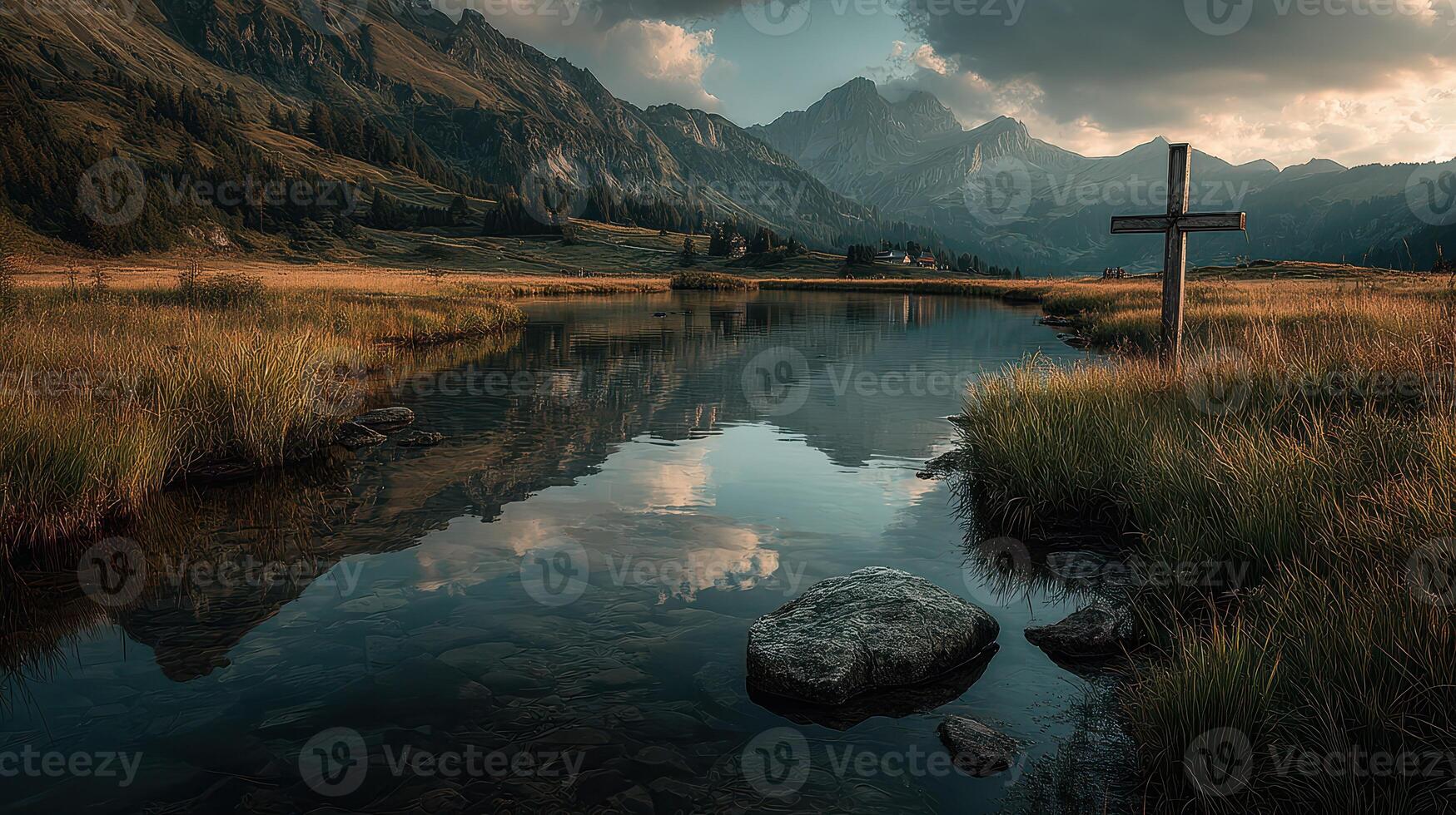 Stunning mountain landscape with calm water reflecting the dramatic sky at twilight in a serene nature setting photo