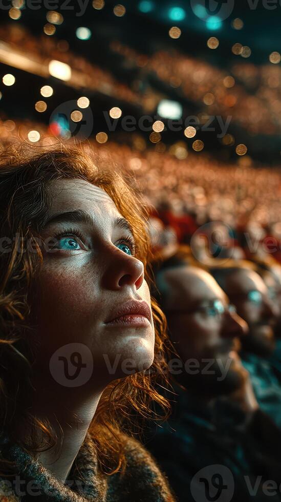 Audience captivated by performance in large venue during evening event photo