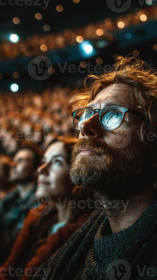 Audience captivated during a live performance in a large theater in the evening photo
