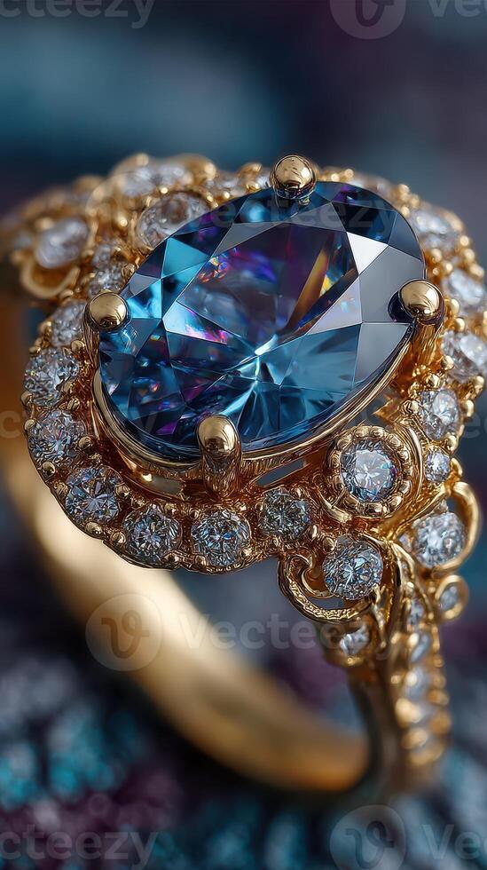 Intricately designed gold ring featuring a large blue gemstone and sparkling diamonds set against a colorful background photo