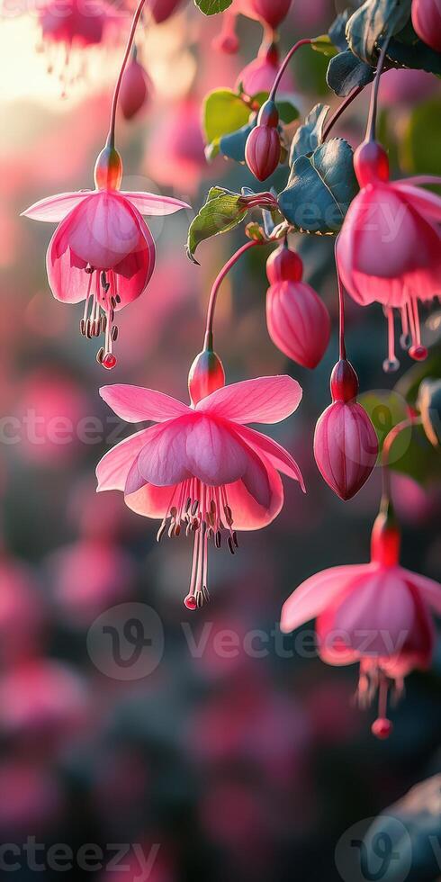 Colorful fuchsia flowers blooming in a garden during sunset creating a serene atmosphere photo