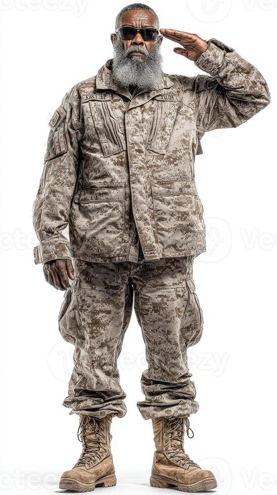 Military personnel saluting with pride in camouflaged uniform on a neutral background photo