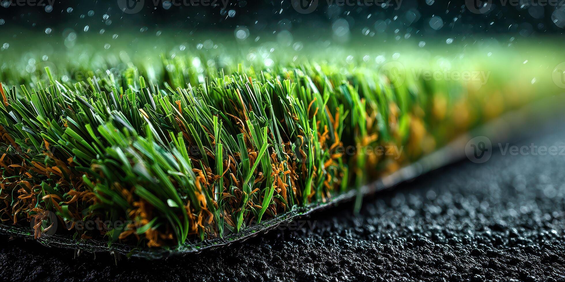 Artificial turf close-up showcasing vibrant green blades and a textured surface during a soft rain in an outdoor sports area photo