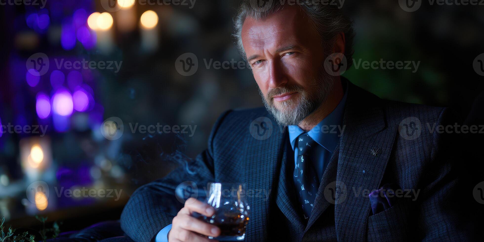 Man in formal attire enjoys a drink in an elegant setting with ambient lighting and smoke in the air during the evening photo