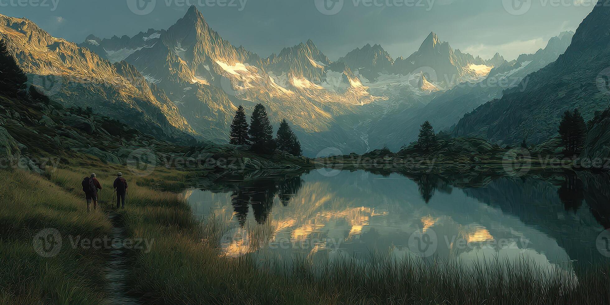 Majestic mountain landscape with hikers exploring the serene lake at dusk photo