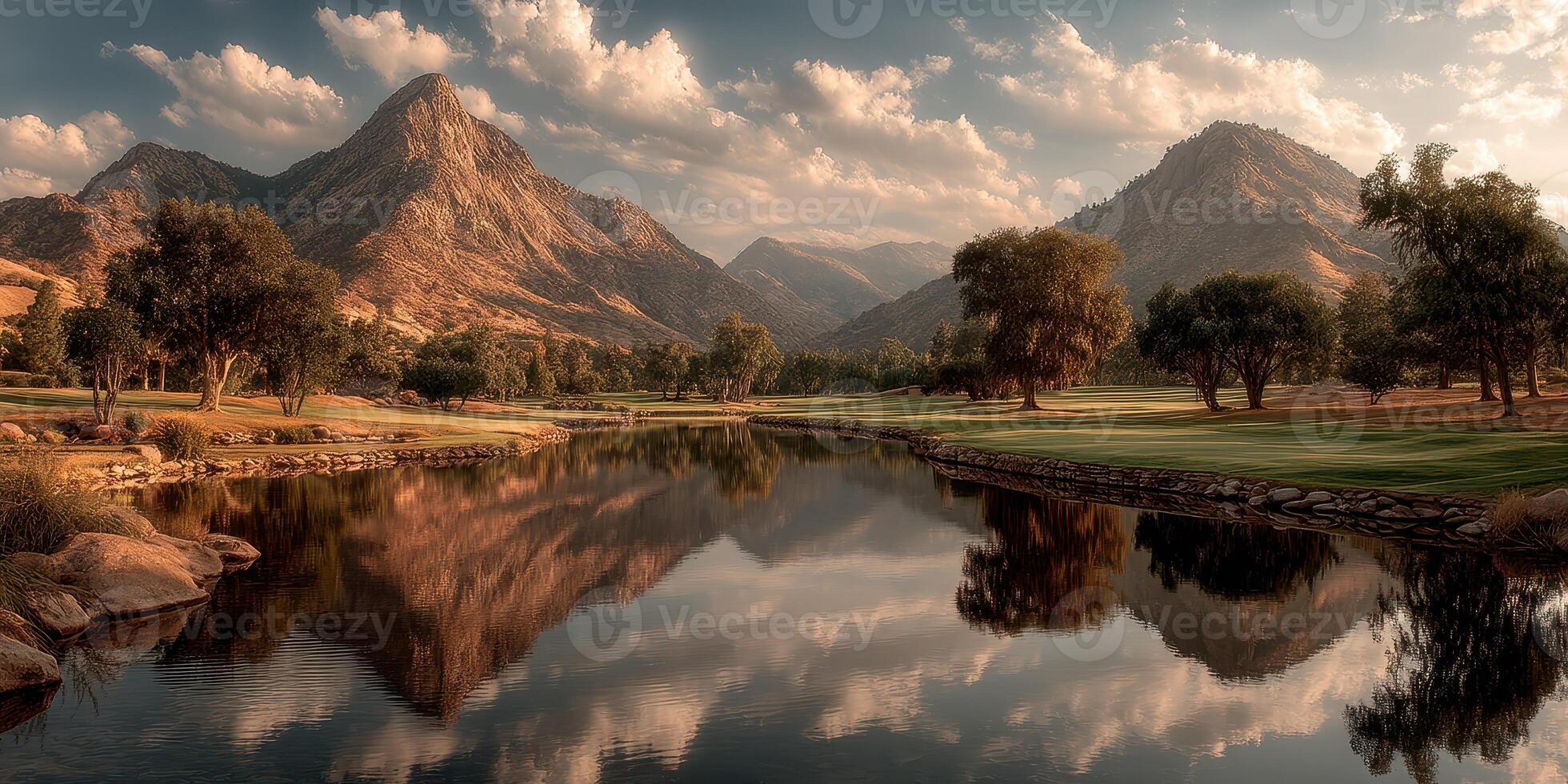 Golden hour reflection in a serene mountain golf course with lush greenery and tranquil water photo