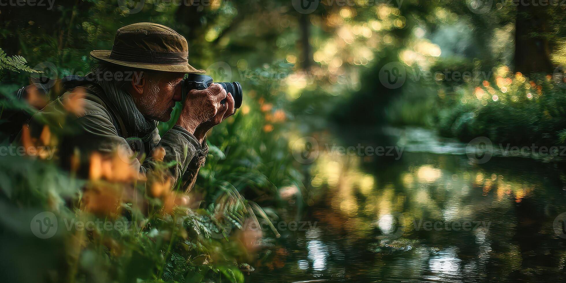 Wildlife photographer capturing nature by a tranquil stream at golden hour in a lush forest setting photo