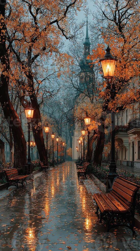 Beautiful evening walk in a park lined with lamps and autumn trees reflecting on wet pavement photo