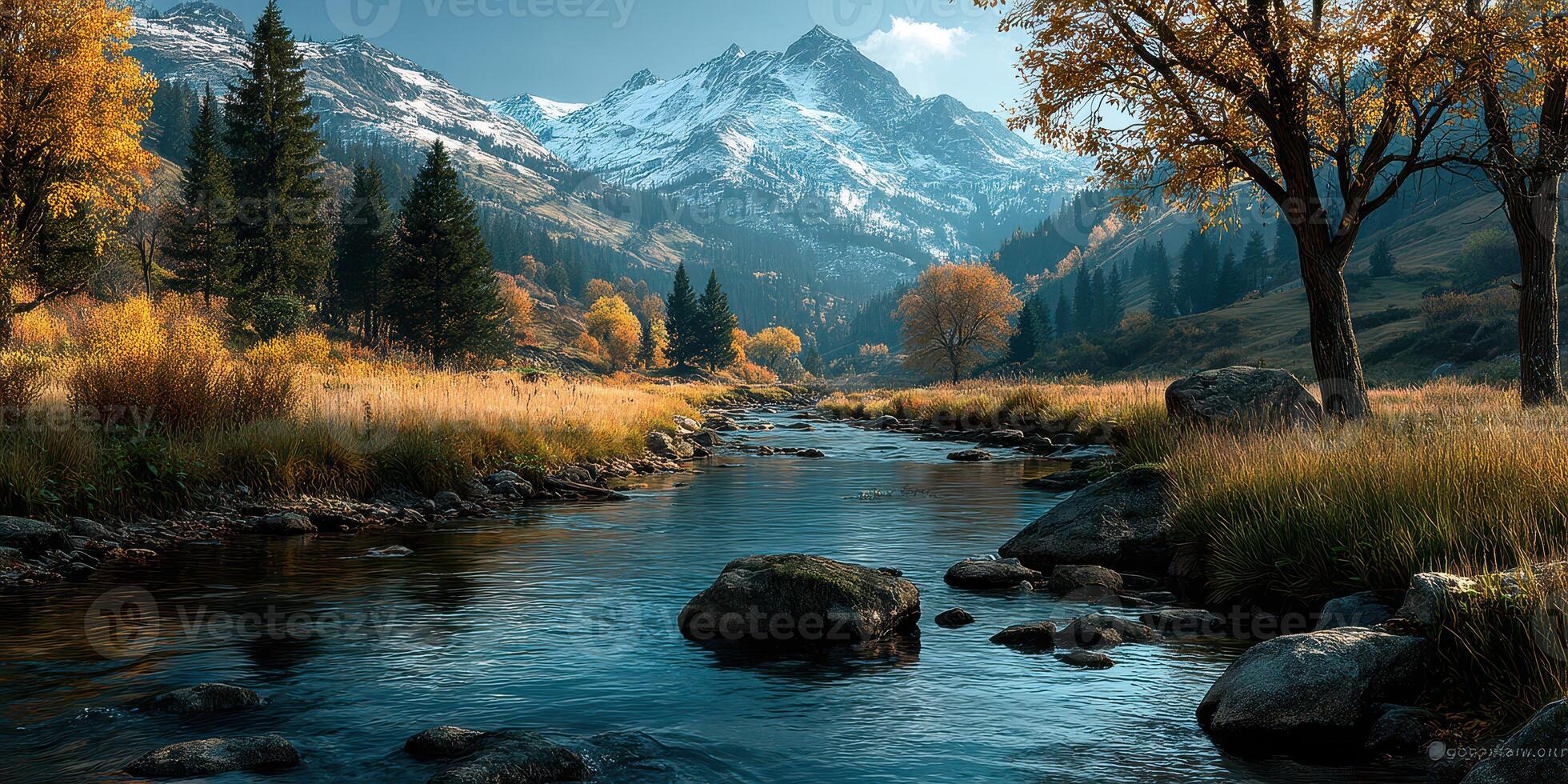 Beautiful autumn landscape featuring mountains, a river, and colorful trees under a clear sky photo