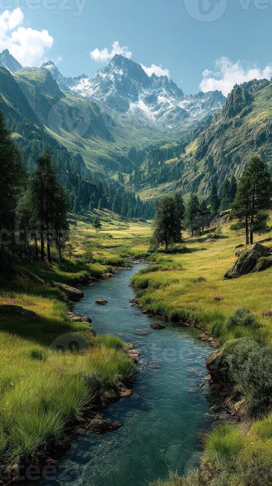 Picturesque mountain landscape with flowing stream and lush greenery under clear blue sky photo