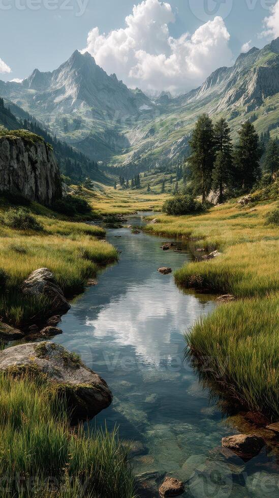 Stunning mountain landscape with a tranquil stream flowing through lush green meadows during a sunny day photo