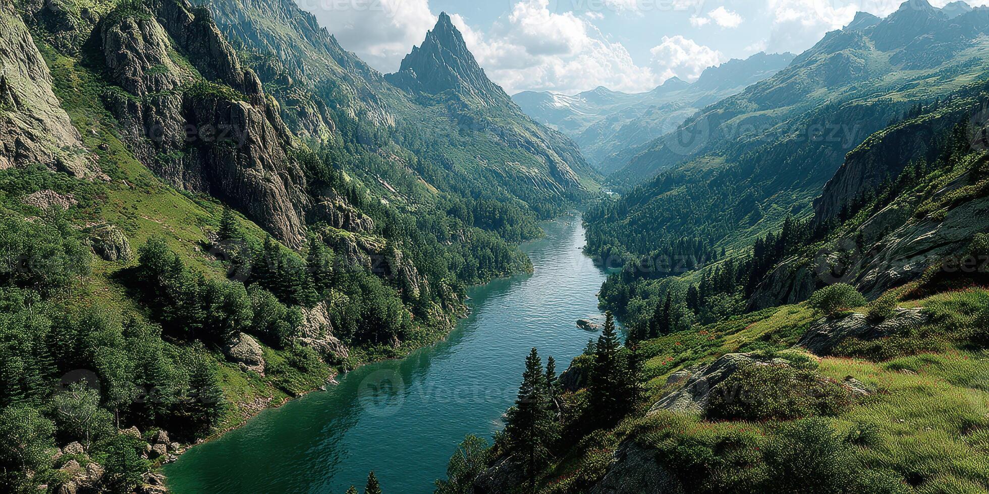 Stunning mountain landscape with a winding river and lush greenery under a bright sky in the afternoon photo