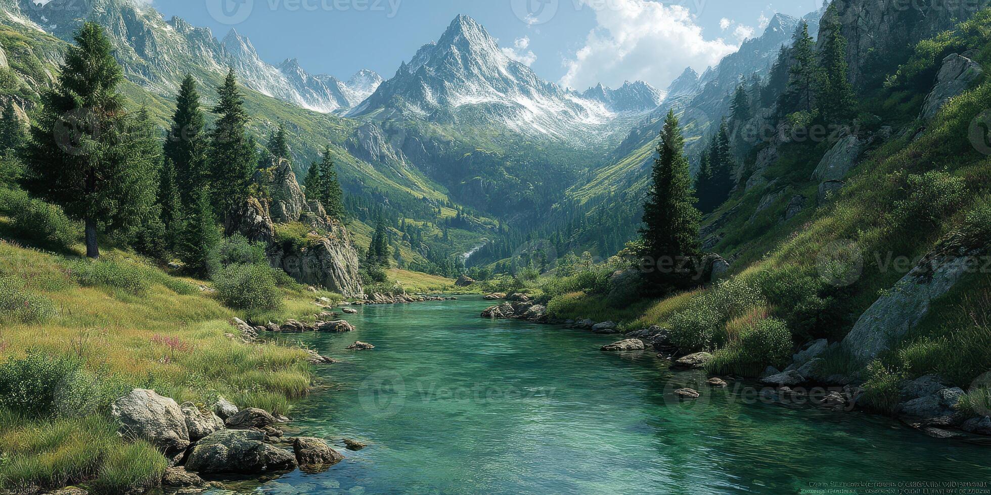 Majestic mountain landscape with a crystal-clear river and lush greenery under a bright blue sky photo